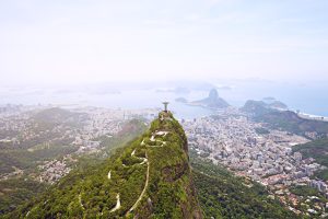 Christ the Redeemer overlooking the city Rio. Aerial view of Rio De Janeiro, Brazil