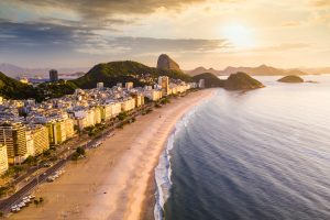 Panorama of Rio de Janeiro at sunset, Brazil. Copacabana beach at sunset. Rio de Janeiro